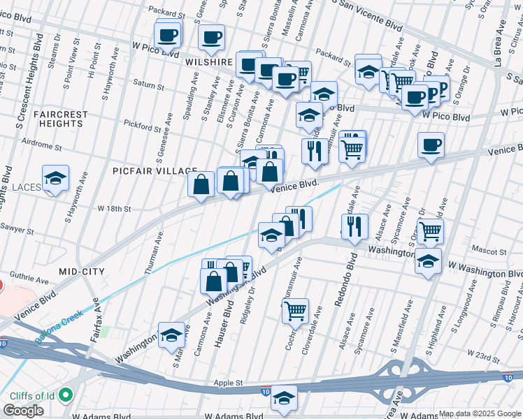 map of restaurants, bars, coffee shops, grocery stores, and more near 1756 Hauser Boulevard in Los Angeles