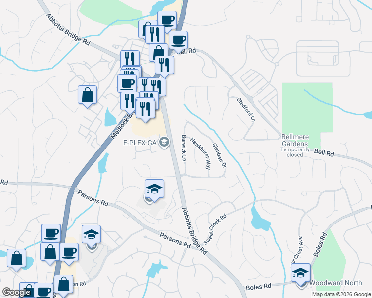 map of restaurants, bars, coffee shops, grocery stores, and more near 455 Leasingham Way in Duluth