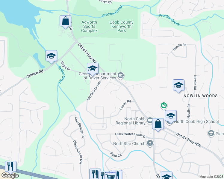 map of restaurants, bars, coffee shops, grocery stores, and more near 3675 Ln in Kennesaw