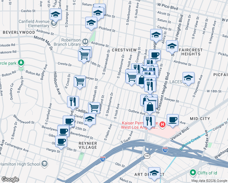 map of restaurants, bars, coffee shops, grocery stores, and more near 1920 South Sherbourne Drive in Los Angeles