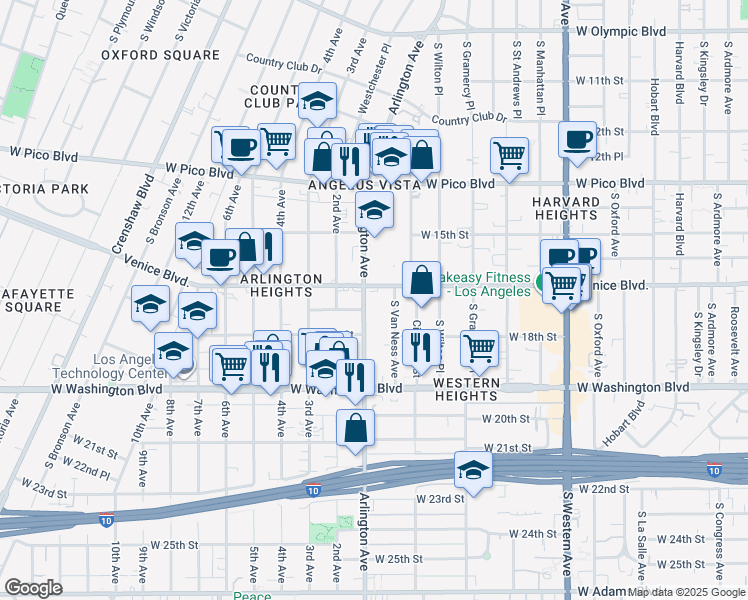 map of restaurants, bars, coffee shops, grocery stores, and more near 1612 Arlington Avenue in Los Angeles