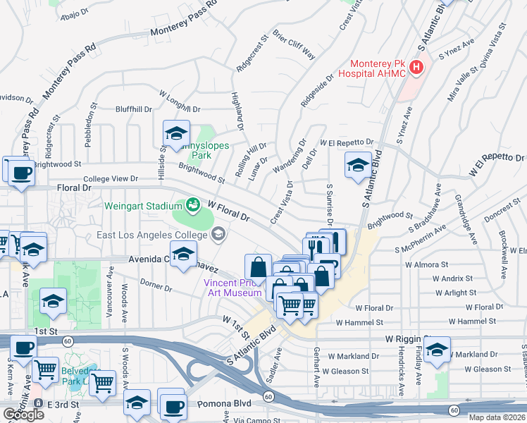 map of restaurants, bars, coffee shops, grocery stores, and more near 1251 College View Drive in Monterey Park