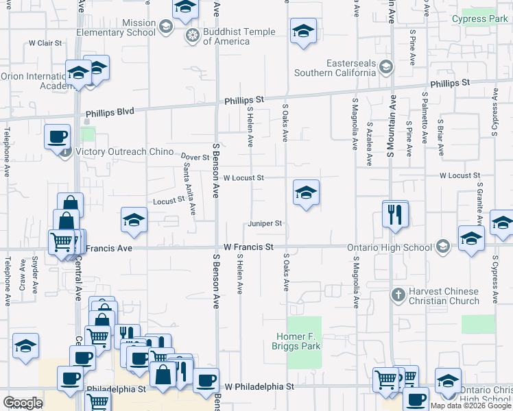 map of restaurants, bars, coffee shops, grocery stores, and more near 1453 West Maple Court in Ontario