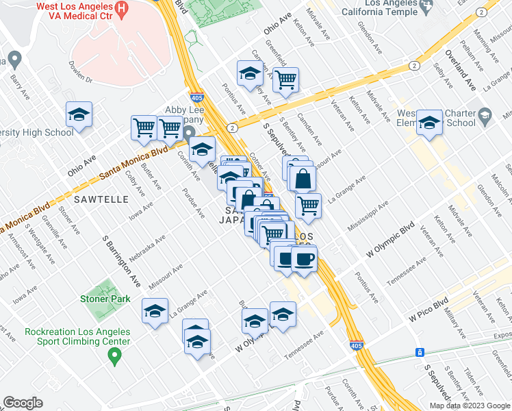 map of restaurants, bars, coffee shops, grocery stores, and more near 1849 Beloit Avenue in Los Angeles