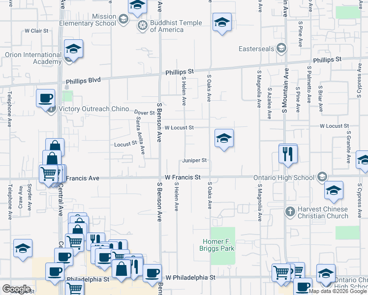 map of restaurants, bars, coffee shops, grocery stores, and more near 1446 Juniper Street in Ontario