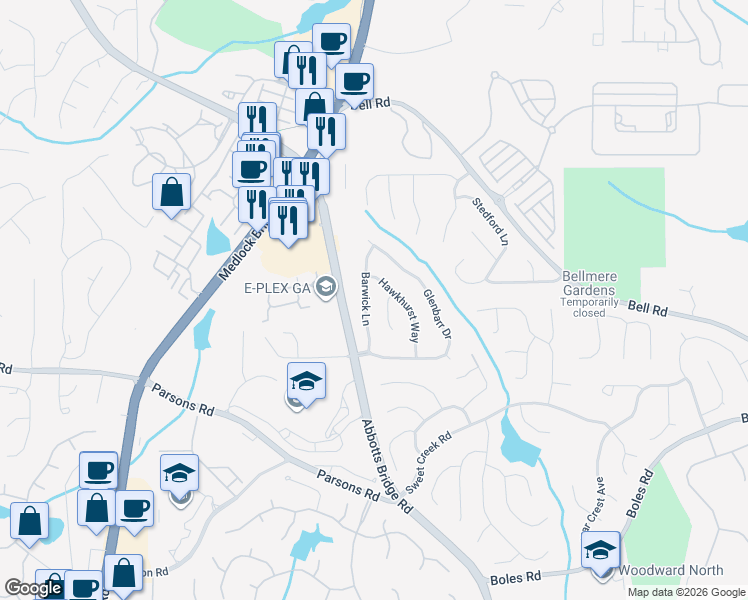 map of restaurants, bars, coffee shops, grocery stores, and more near 6360 Barwick Ln in Duluth
