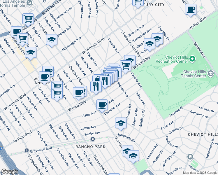map of restaurants, bars, coffee shops, grocery stores, and more near 10587 Ayres Avenue in Los Angeles