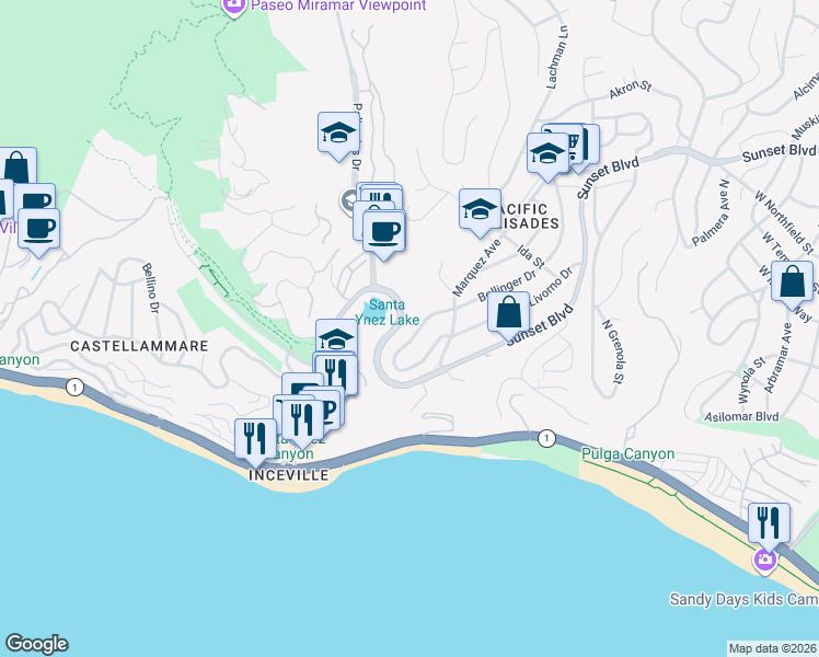 map of restaurants, bars, coffee shops, grocery stores, and more near 17053 Bollinger Drive in Los Angeles