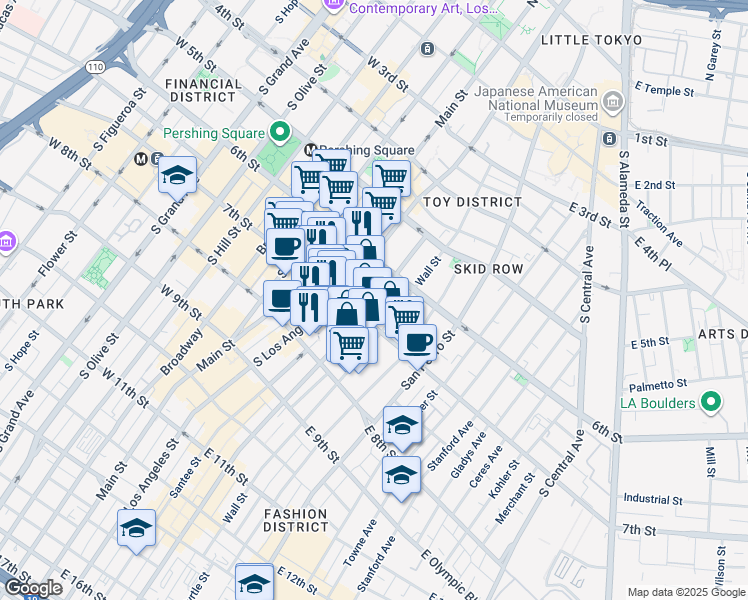map of restaurants, bars, coffee shops, grocery stores, and more near 701 Maple Avenue in Los Angeles
