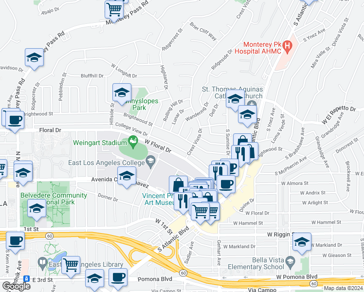 map of restaurants, bars, coffee shops, grocery stores, and more near 1251 College View Drive in Monterey Park