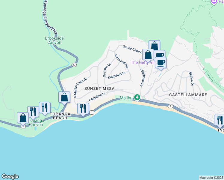 map of restaurants, bars, coffee shops, grocery stores, and more near 18219 Coastline Drive in Malibu