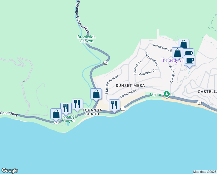 map of restaurants, bars, coffee shops, grocery stores, and more near 18449 Kingsport Drive in Malibu