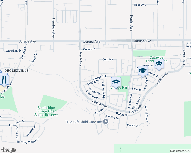 map of restaurants, bars, coffee shops, grocery stores, and more near 15457 Villaba Road in Fontana