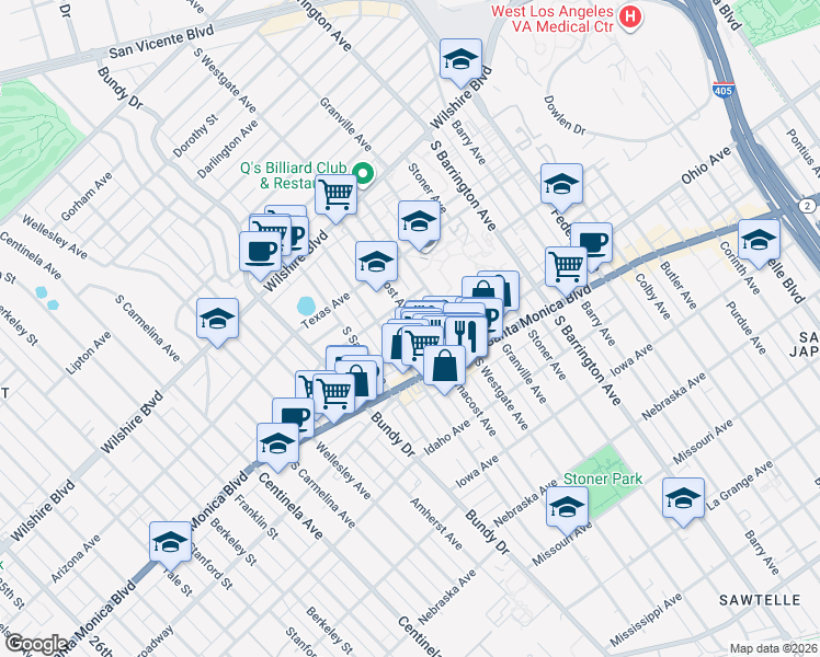 map of restaurants, bars, coffee shops, grocery stores, and more near 1431 Armacost Avenue in Los Angeles