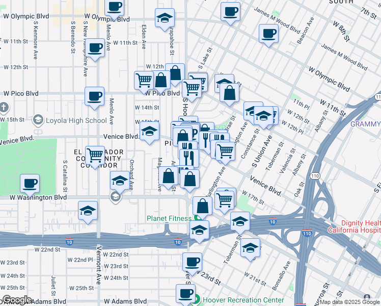 map of restaurants, bars, coffee shops, grocery stores, and more near 1702 Hoover Street in Los Angeles