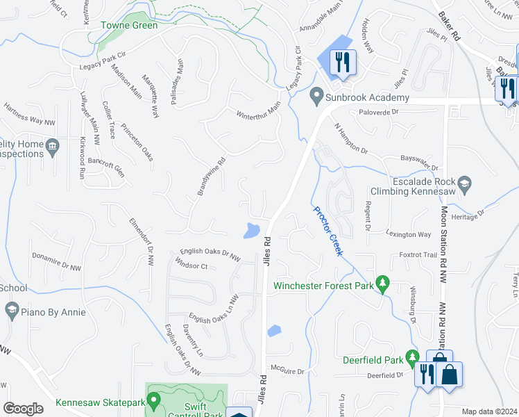 map of restaurants, bars, coffee shops, grocery stores, and more near 3649 Deer Trail Northwest in Kennesaw