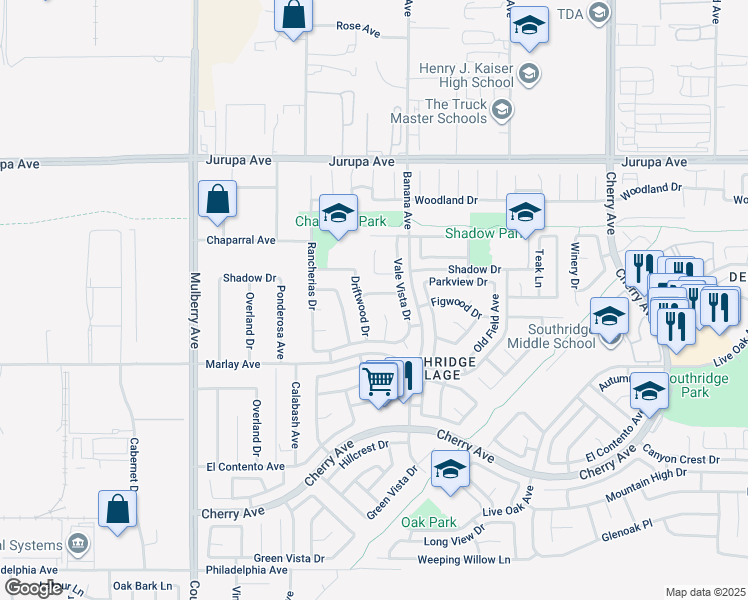map of restaurants, bars, coffee shops, grocery stores, and more near 14045 Parkwood Drive in Fontana