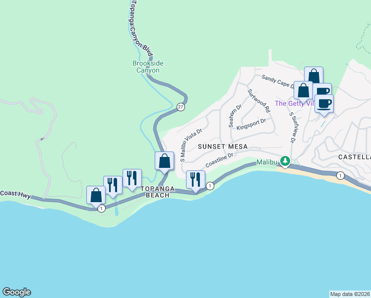 map of restaurants, bars, coffee shops, grocery stores, and more near 18419 Wakecrest Drive in Malibu