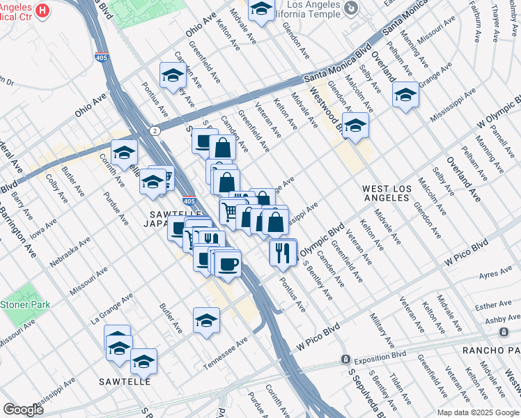 map of restaurants, bars, coffee shops, grocery stores, and more near 2015 South Bentley Avenue in Los Angeles