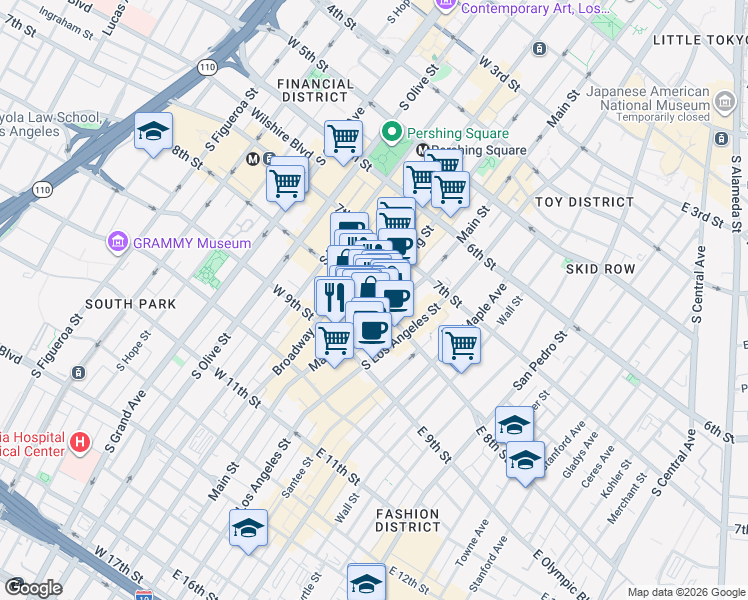 map of restaurants, bars, coffee shops, grocery stores, and more near W 8th St & S Spring St in Los Angeles