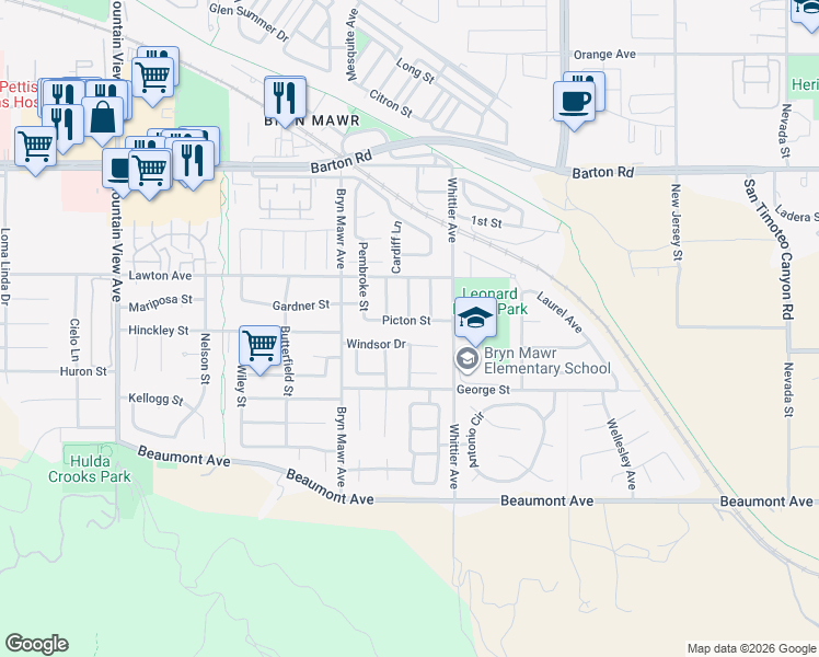 map of restaurants, bars, coffee shops, grocery stores, and more near 11630 Emerald Drive in Loma Linda