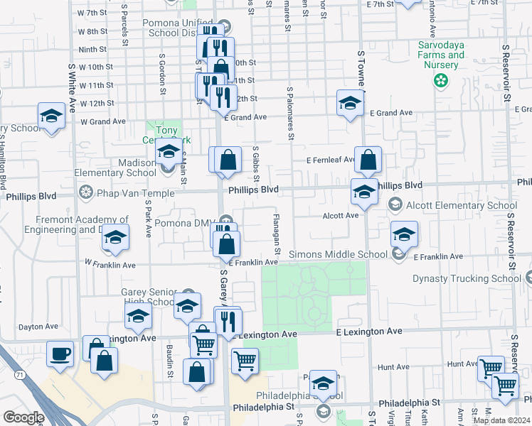 map of restaurants, bars, coffee shops, grocery stores, and more near 355 Beaver Court in Pomona