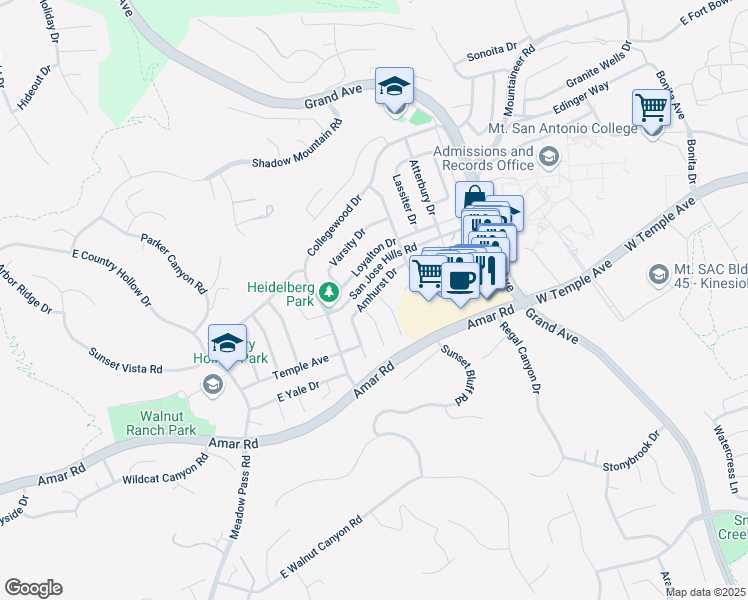 map of restaurants, bars, coffee shops, grocery stores, and more near 1337 Princeton Drive in Walnut