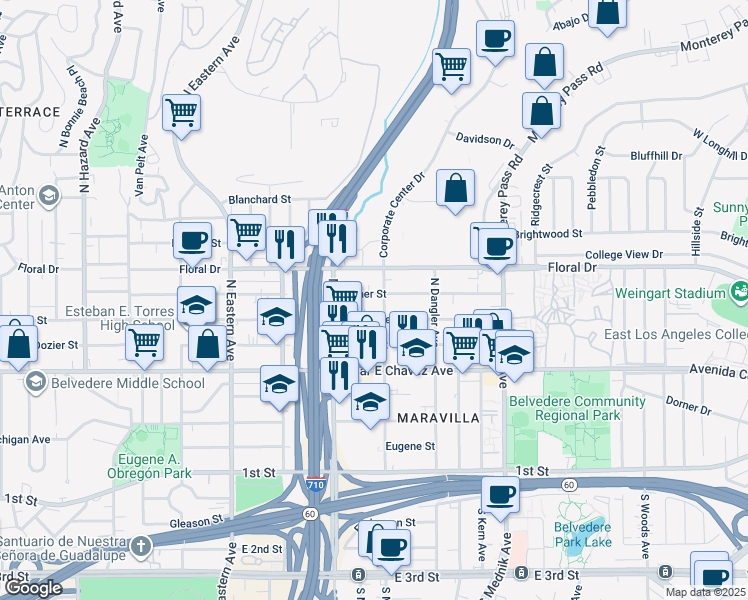 map of restaurants, bars, coffee shops, grocery stores, and more near 510 North McDonnell Avenue in East Los Angeles
