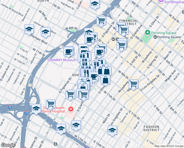 map of restaurants, bars, coffee shops, grocery stores, and more near 1091 South Hope Street in Los Angeles