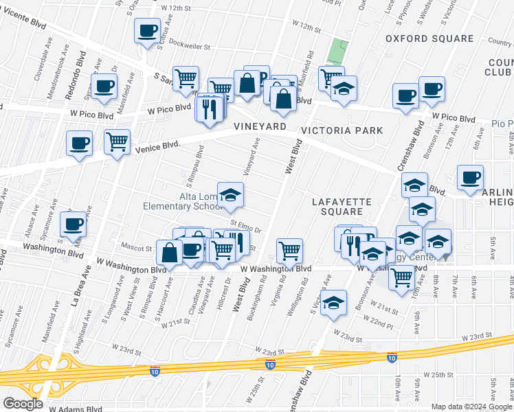 map of restaurants, bars, coffee shops, grocery stores, and more near 4508 Saturn Street in Los Angeles