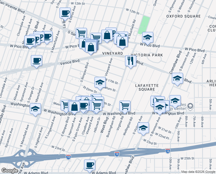 map of restaurants, bars, coffee shops, grocery stores, and more near 4547 Saint Elmo Drive in Los Angeles
