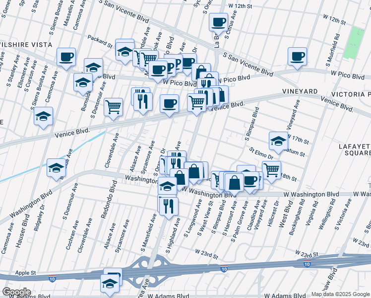 map of restaurants, bars, coffee shops, grocery stores, and more near 4953 Pickford Street in Los Angeles
