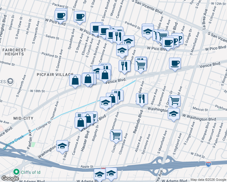 map of restaurants, bars, coffee shops, grocery stores, and more near 1807 South Burnside Avenue in Los Angeles