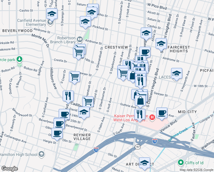 map of restaurants, bars, coffee shops, grocery stores, and more near 1935 South Holt Avenue in Los Angeles