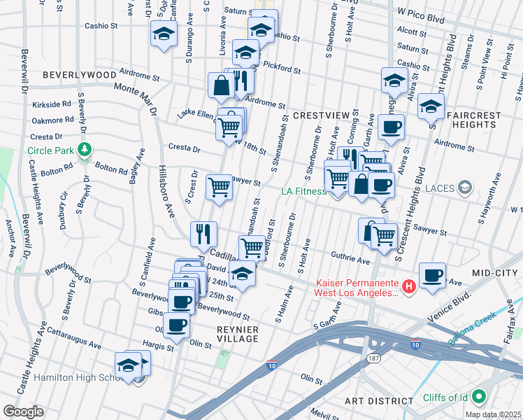 map of restaurants, bars, coffee shops, grocery stores, and more near 1954 South Shenandoah Street in Los Angeles