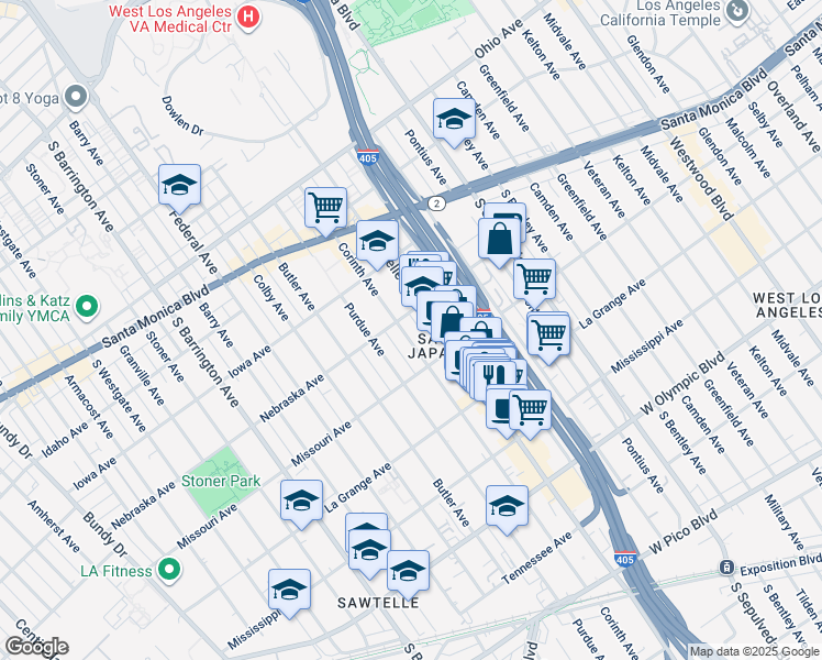 map of restaurants, bars, coffee shops, grocery stores, and more near 1854 Corinth Avenue in Los Angeles