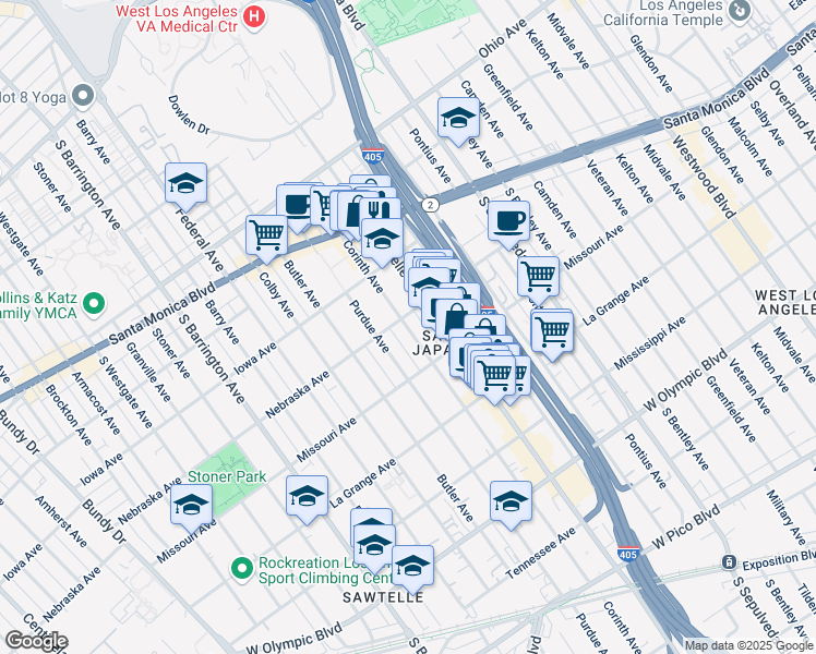 map of restaurants, bars, coffee shops, grocery stores, and more near 1816 Purdue Avenue in Los Angeles