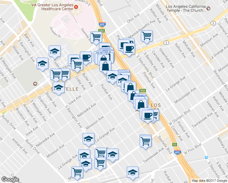 map of restaurants, bars, coffee shops, grocery stores, and more near 1816 Purdue Avenue in Los Angeles