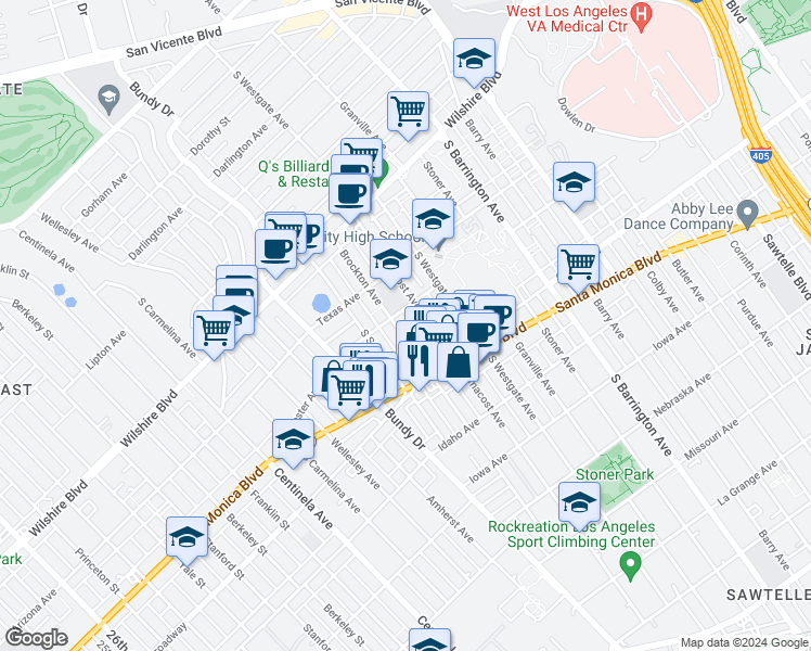 map of restaurants, bars, coffee shops, grocery stores, and more near 1427 Brockton Avenue in Los Angeles