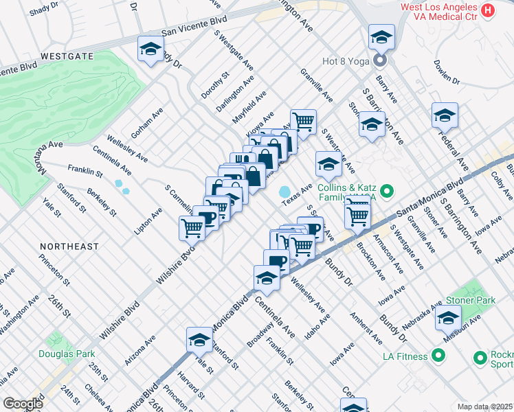 map of restaurants, bars, coffee shops, grocery stores, and more near 1250 Amherst Avenue in Los Angeles