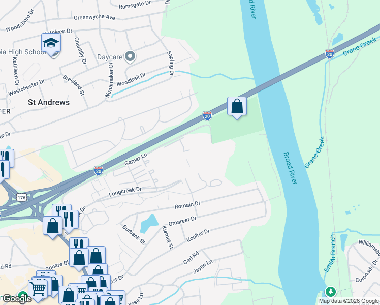 map of restaurants, bars, coffee shops, grocery stores, and more near 1920 Ashford Lane in Columbia