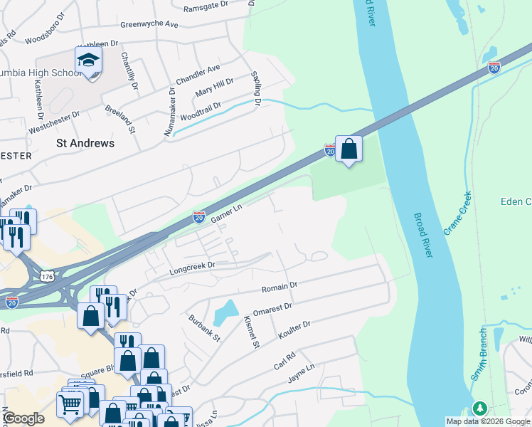 map of restaurants, bars, coffee shops, grocery stores, and more near 1701 Ashford Lane in Columbia