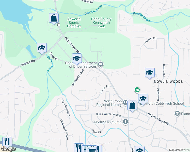 map of restaurants, bars, coffee shops, grocery stores, and more near 3679 Devon Park Lane Northwest in Kennesaw