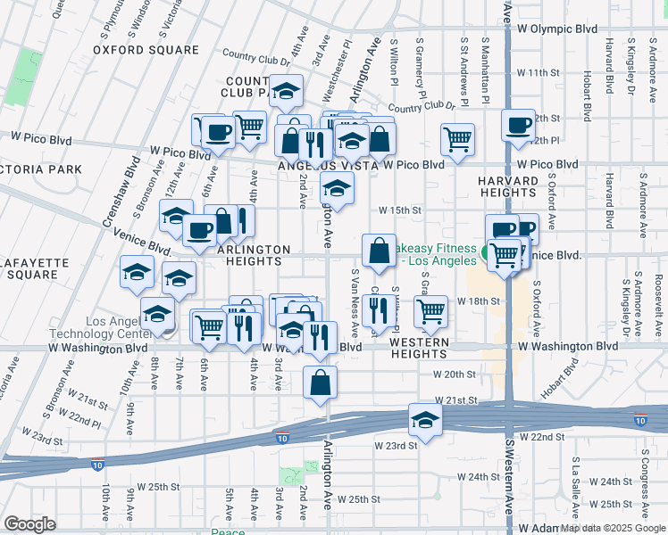 map of restaurants, bars, coffee shops, grocery stores, and more near 1612 Arlington Avenue in Los Angeles