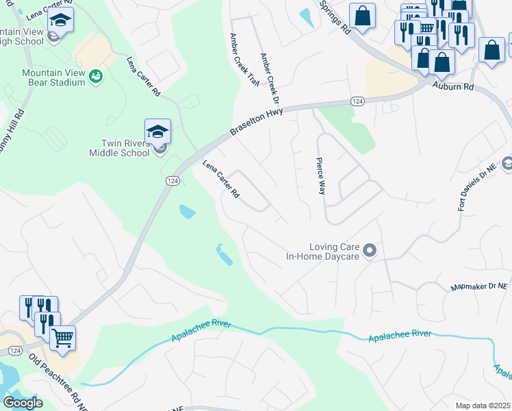 map of restaurants, bars, coffee shops, grocery stores, and more near 1885 Lena Carter Road in Buford