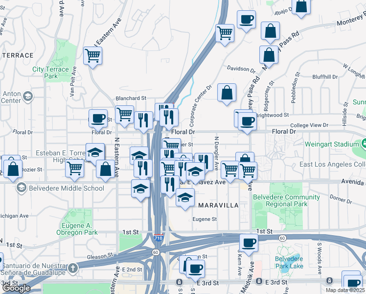 map of restaurants, bars, coffee shops, grocery stores, and more near 4544 Fisher Street in Los Angeles