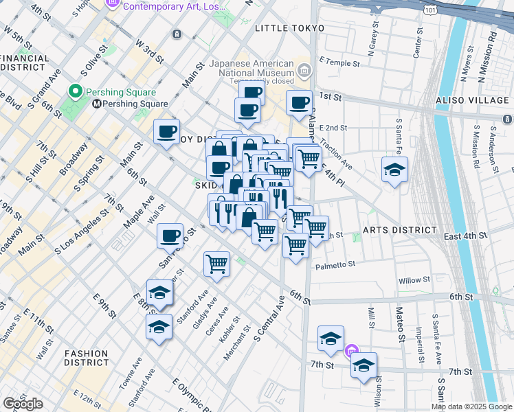 map of restaurants, bars, coffee shops, grocery stores, and more near in Los Angeles
