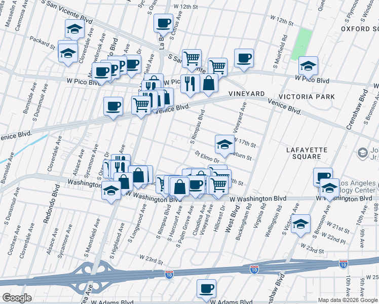 map of restaurants, bars, coffee shops, grocery stores, and more near Saint Elmo Drive in Los Angeles