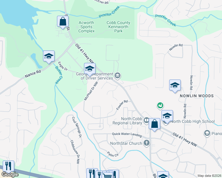 map of restaurants, bars, coffee shops, grocery stores, and more near 3679 Devon Park Lane Northwest in Kennesaw