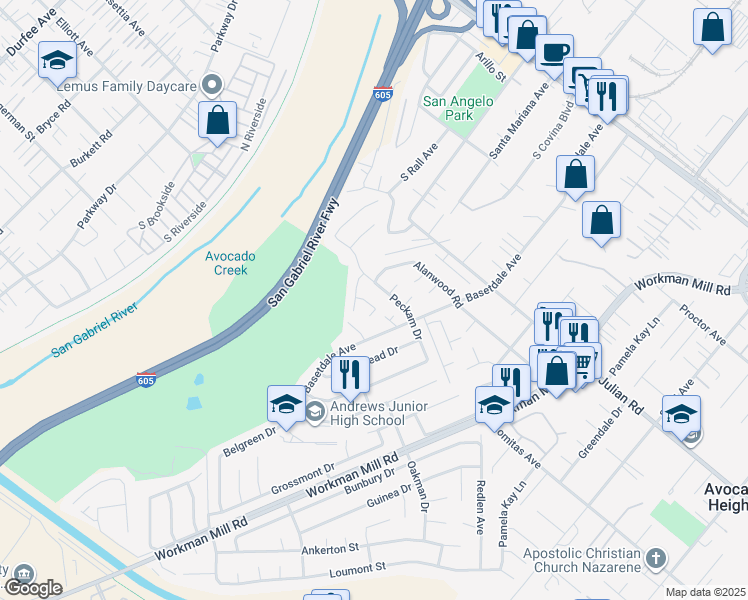 map of restaurants, bars, coffee shops, grocery stores, and more near 13121 Levelwood Street in La Puente